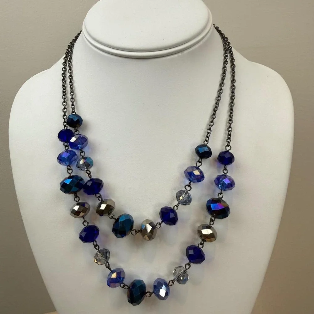 Gunmetal Tone Necklace Crystal Glass Double Strand Beaded Whimsigoth Statement